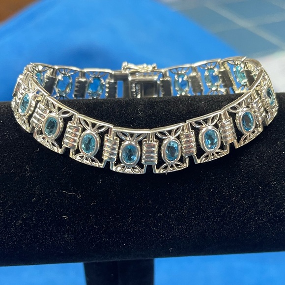 Vintage 925 sterling silver and blue topaz late art deco style bracelet - Picture 2 of 8